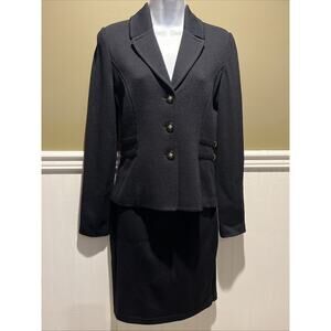Vtg St John 2pc Skirt Suit Black Santana Knit Button Front Jacket Size 2 Buckles